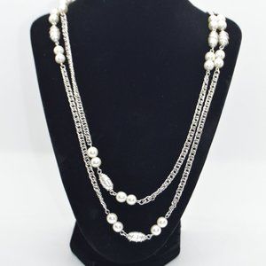 Vintage Sarah Coventry Pearl/Silver Rope Necklace - 51"